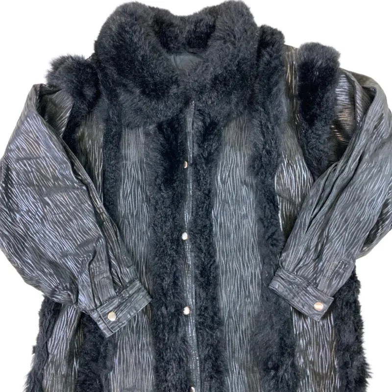 VTG Striped Leather Faux Fur Coat Jacket Removable Arms Gilet 16 18
