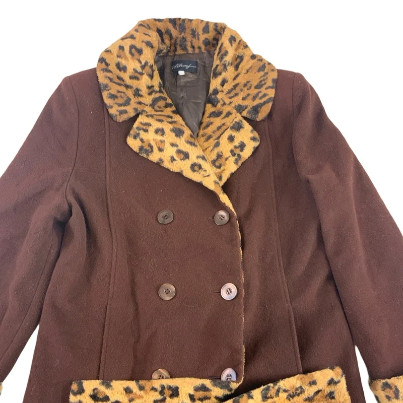 Vintage Womens Wool Animal Print Faux Fur Coat M 12 14