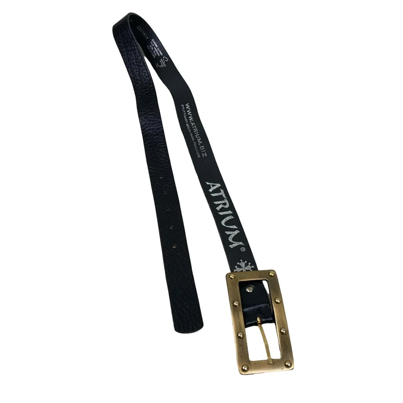 Vintage 90s ‘Atrium’ Black (631) Leather Thin Square Gold Studded Buckle Belt