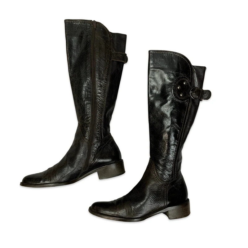 Vintage Dark Brown Leather Boots with Buckle UK 4.5