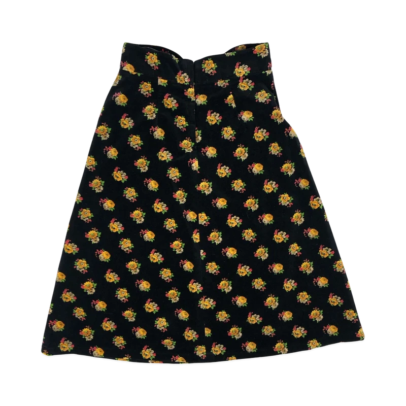 Vintage Black and Yellow Floral Velvet Velour Skirt 6