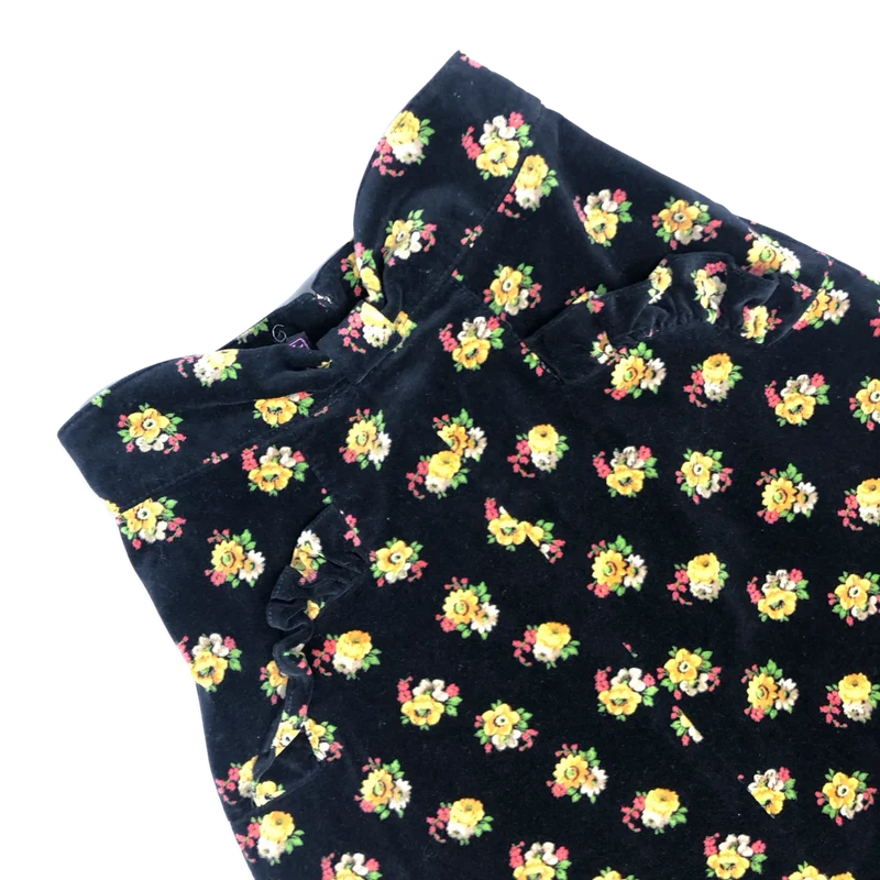 Vintage Black and Yellow Floral Velvet Velour Skirt 6