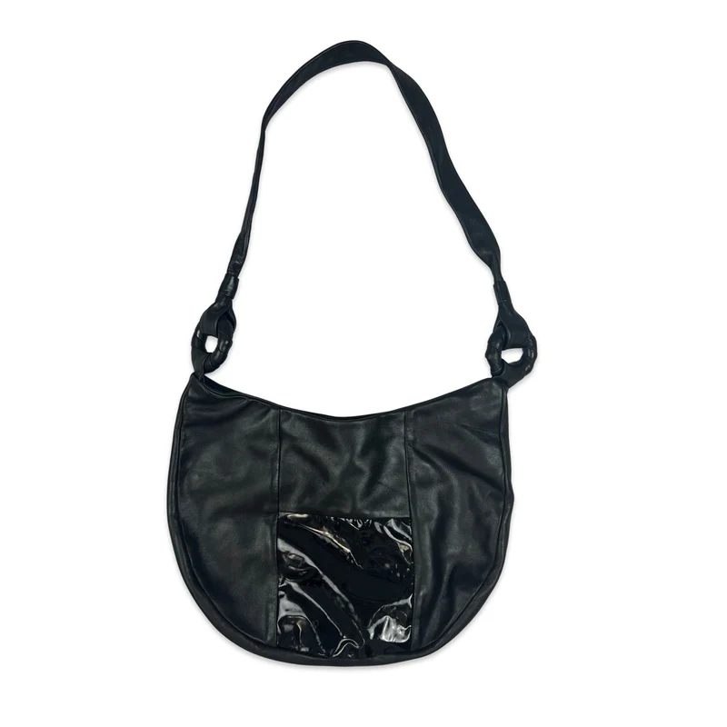 90s Vintage Hobo Leather Handbag Black