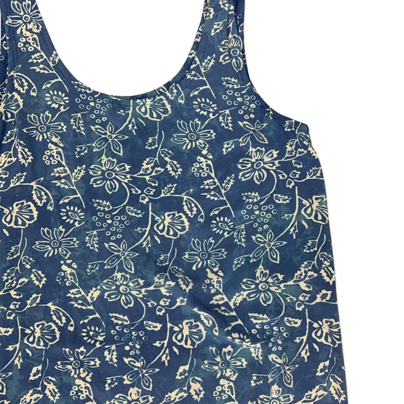 Vintage Blue & White Floral Print Sleeveless Dress 12 14