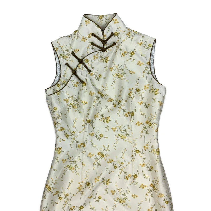 Vintage White & Green Oriental High Neck Dress 8