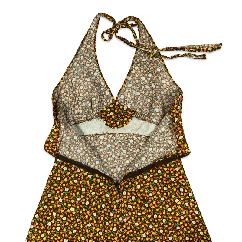 Vintage Orange & Brown Floral Halterneck Dress 6 8