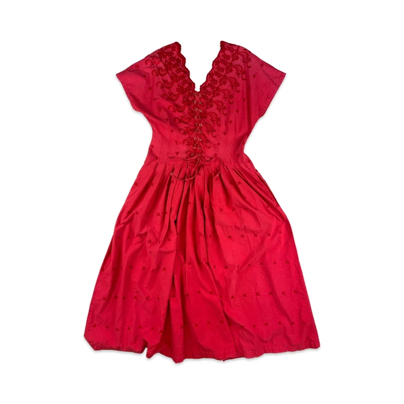 Vintage 80s 90s Red Pleated Midi Dress 12 14