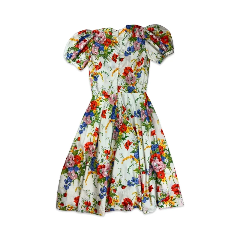 Vintage White & Multicolour Floral Print Midi Dress 8 10