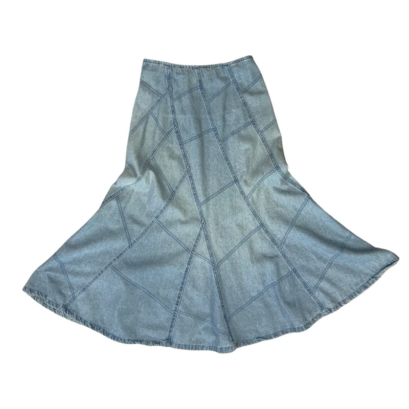Vintage 80s Patchwork Denim Flared Skirt Light Wash 10