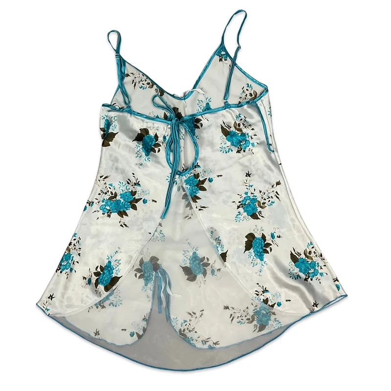 90s White & Blue Floral Babydoll Top 8 10