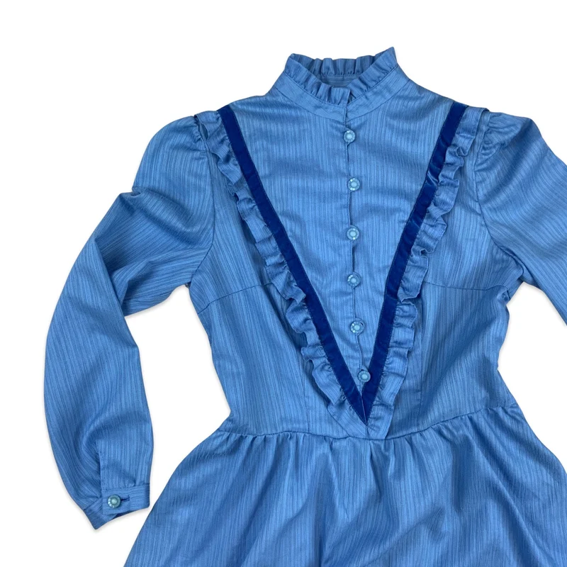 70s Vintage Ruffle Midi Skater Dress Blue 8 10