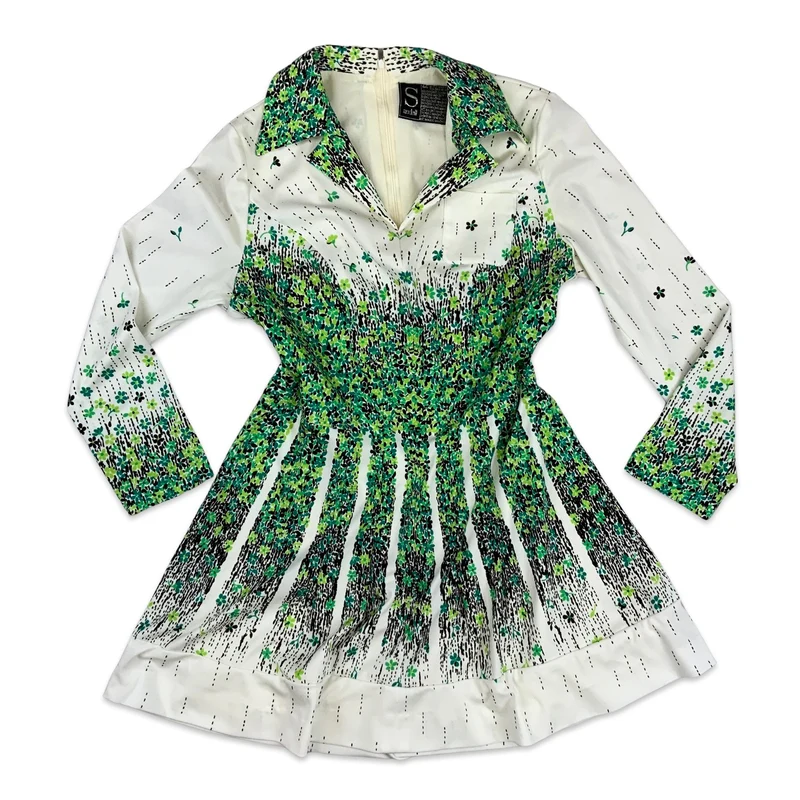 Vintage 60s 70s Floral Skater Dress White Green 8 10 12