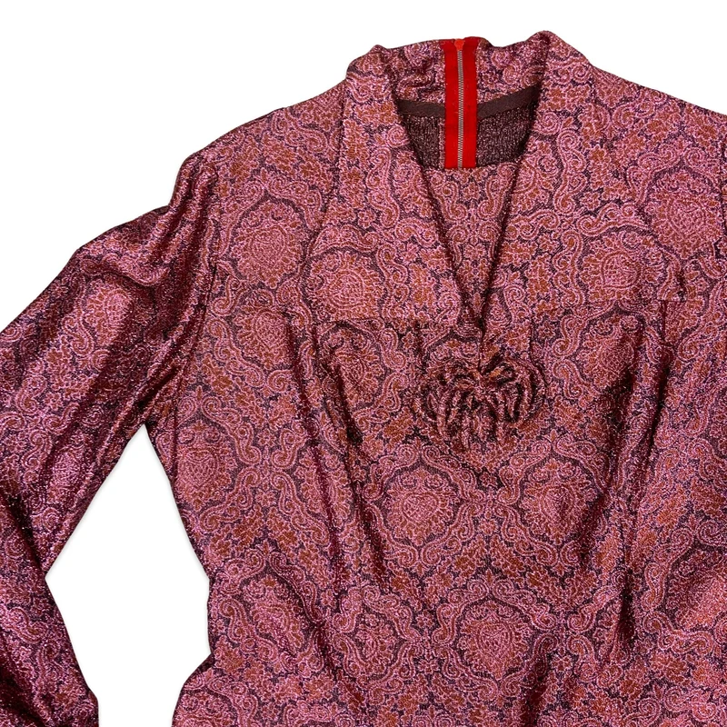 Vintage 60S Lurex Print Party Dress Pink Orange Black 10 12