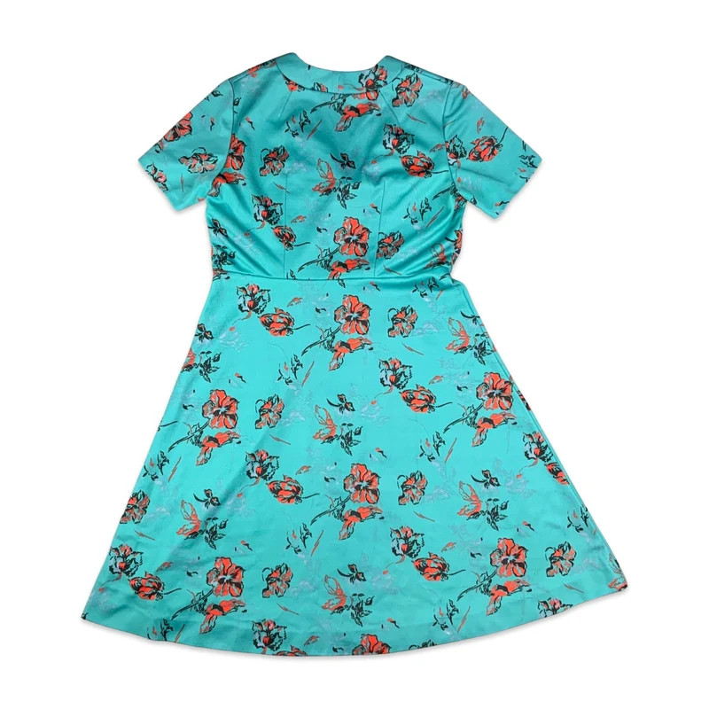 Vintage 70s Teal Orange Floral Print A-Line Dress 16