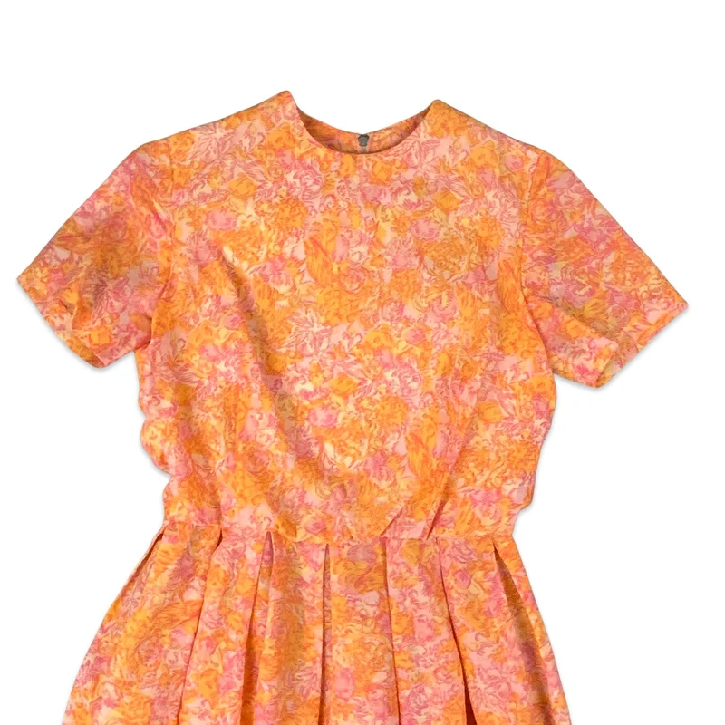 Vintage 60s Orange Pink Floral Dress 8 10
