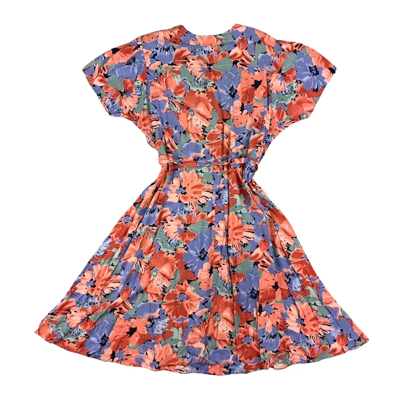 Vintage 80s Orange Purple & Pink Floral Dress 16 18
