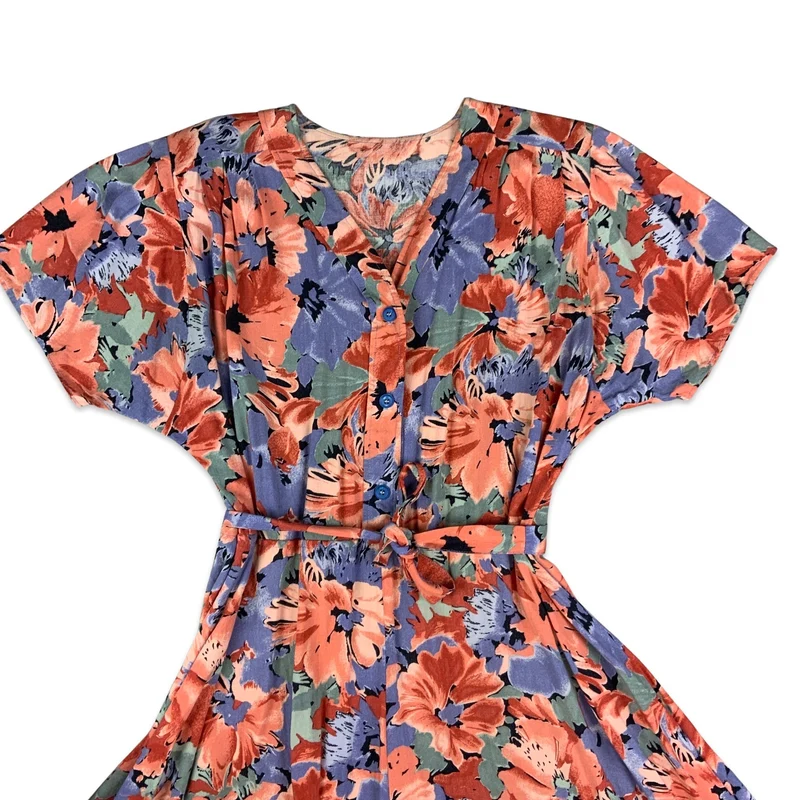 Vintage 80s Orange Purple & Pink Floral Dress 16 18