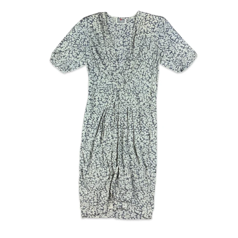 Vintage White & Navy Ditsy Floral Gathered Waist Dress 8 10