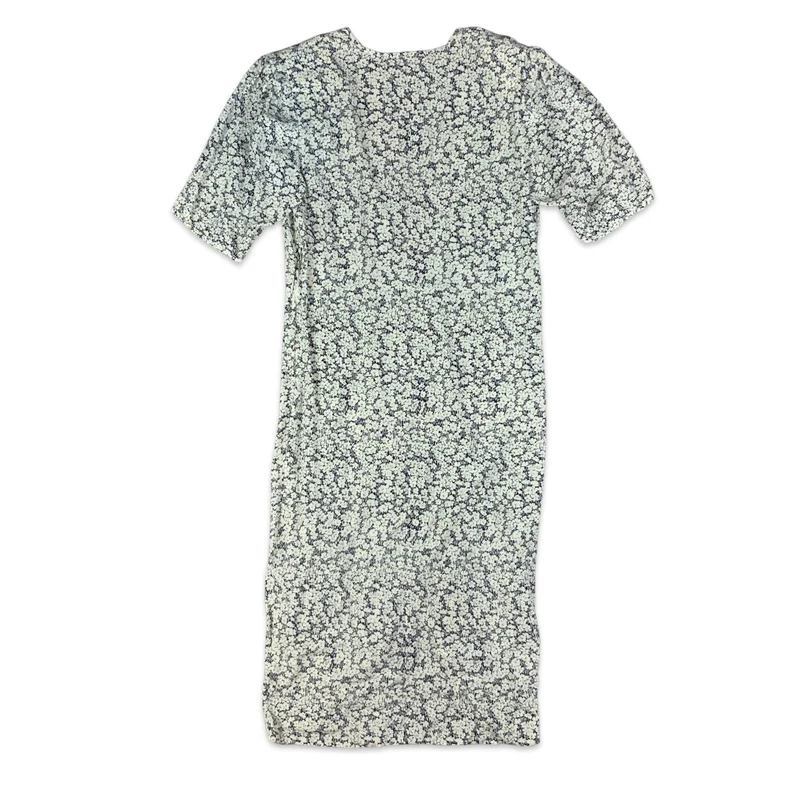 Vintage White & Navy Ditsy Floral Gathered Waist Dress 8 10