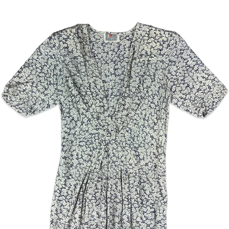 Vintage White & Navy Ditsy Floral Gathered Waist Dress 8 10