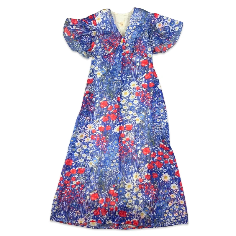 Vintage 70s Blue Red Yellow & White Floral Maxi Dress 10 12