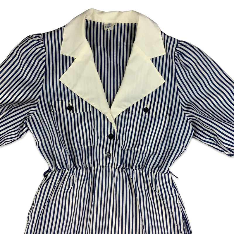 Vintage 80s Blue & White Striped Collared Midi Dress 10 12