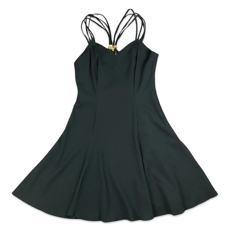 Vintage 90s Black Gold Aline Flared Midi Dress 10 12