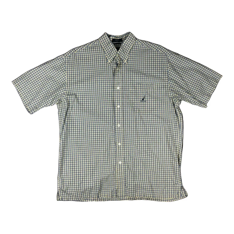 Vintage 2000s Nautica Blue Yellow Checked Plaid Short Sleeve Casual Shirt XL