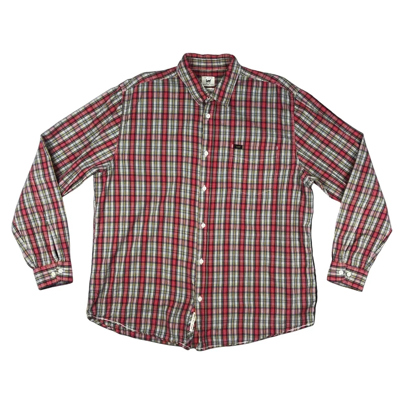 Vintage Lee Red Blue Yellow White Checked Plaid Button-Up Long Sleeve Shirt XL