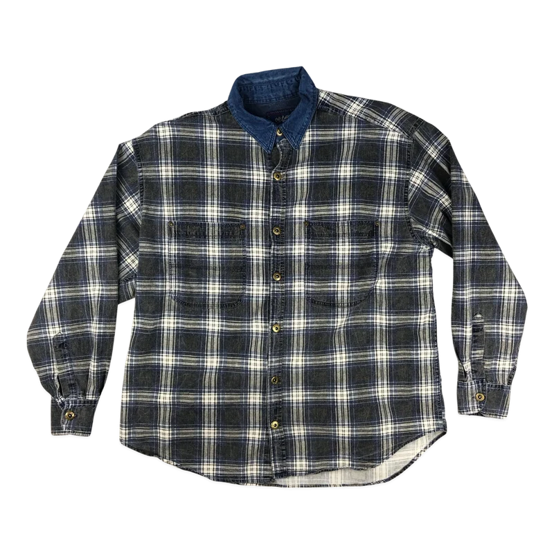 Vintage Blue, Grey, and White Plaid Flannel Shirt XL