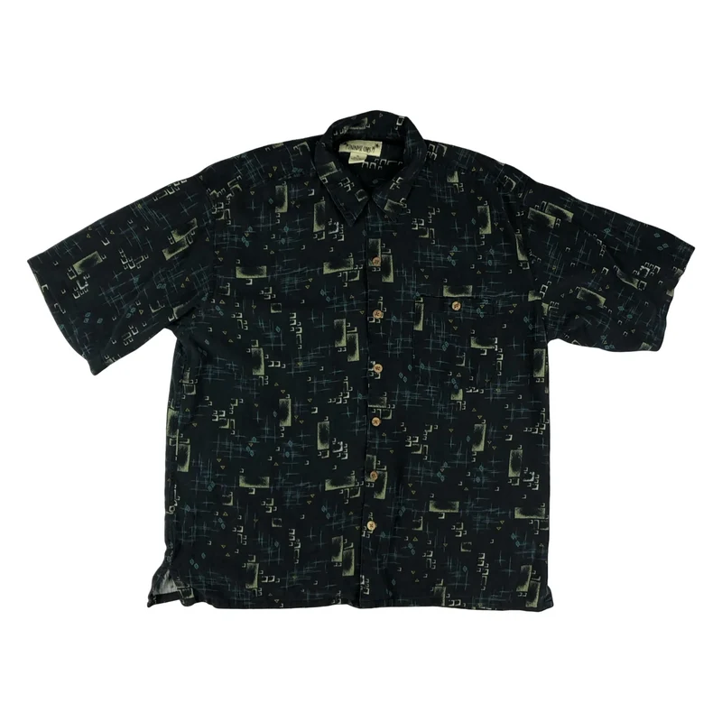 Vintage Black Abstract 50s Style Print Silk Hawaiian Shirt Rockabilly XL