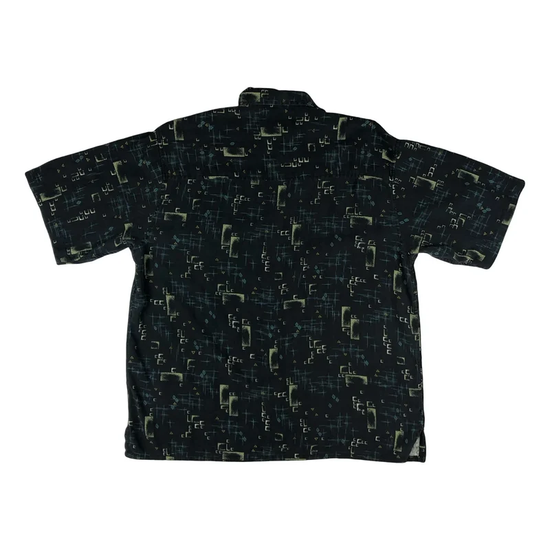 Vintage Black Abstract 50s Style Print Silk Hawaiian Shirt Rockabilly XL