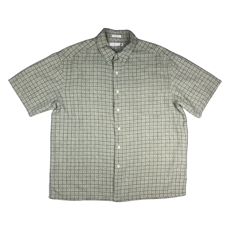 Vintage Green Abstract Check Print Silk Shirt L