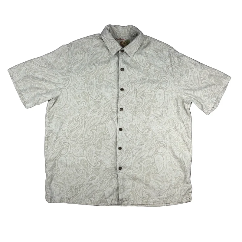 Vintage Beige Paisley Print Silk Short Sleeve Shirt Coconut Buttons L