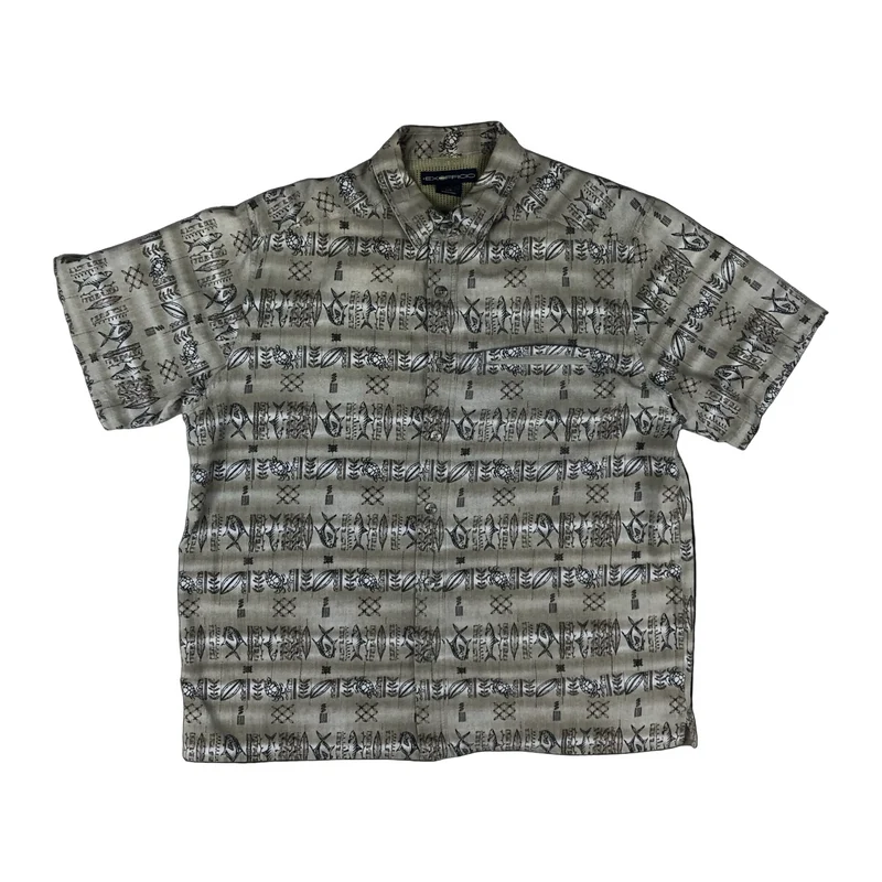 Vintage Beige Fish Sea Themed Abstract Print Surfer Shirt XL