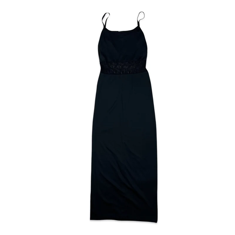 Vintage 90s Maxi Slip Dress Lace Black 6 8