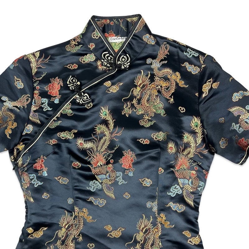 Vintage Oriental Cheongsam Dragon Midi Dress Black Gold 6 8 10
