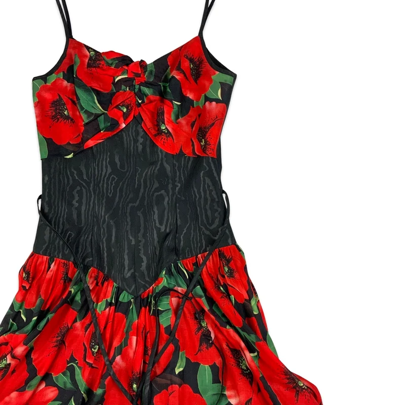 Vintage 80s 90s Party Midi Floral Print Dress Black Red 6 8