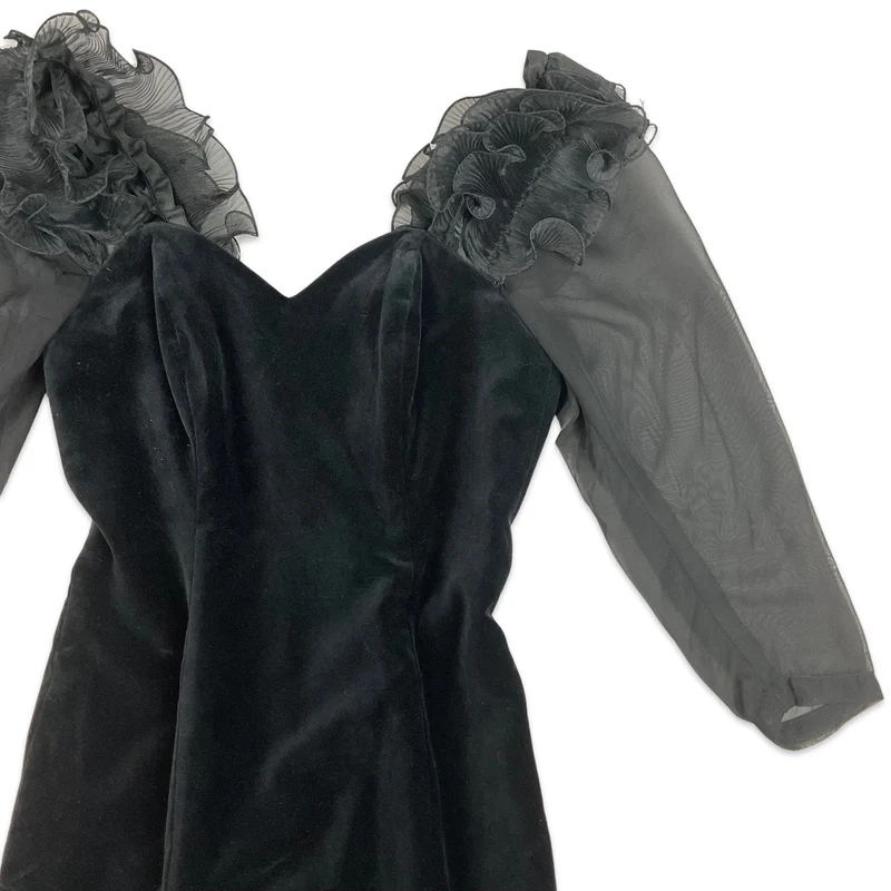 Vintage 80s Yessica Black Velvet Gothic Midi Dress 10