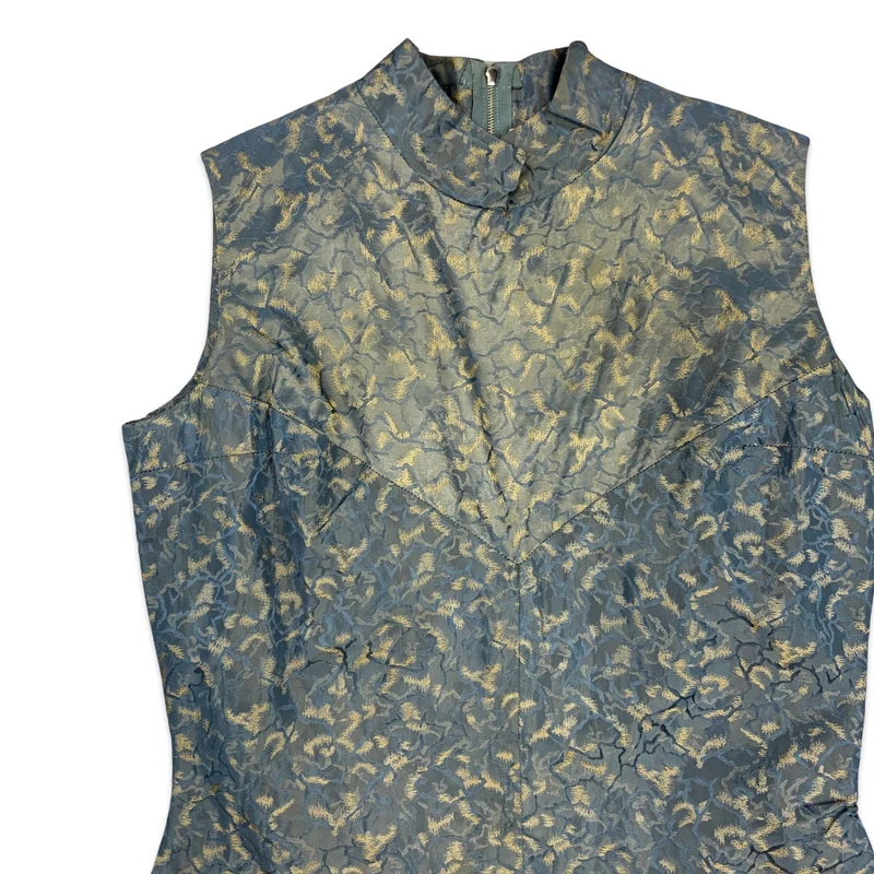 60s Vintage Blue Gold Brocade Dress 10 12