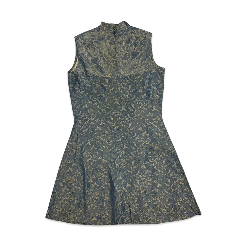 60s Vintage Blue Gold Brocade Dress 10 12
