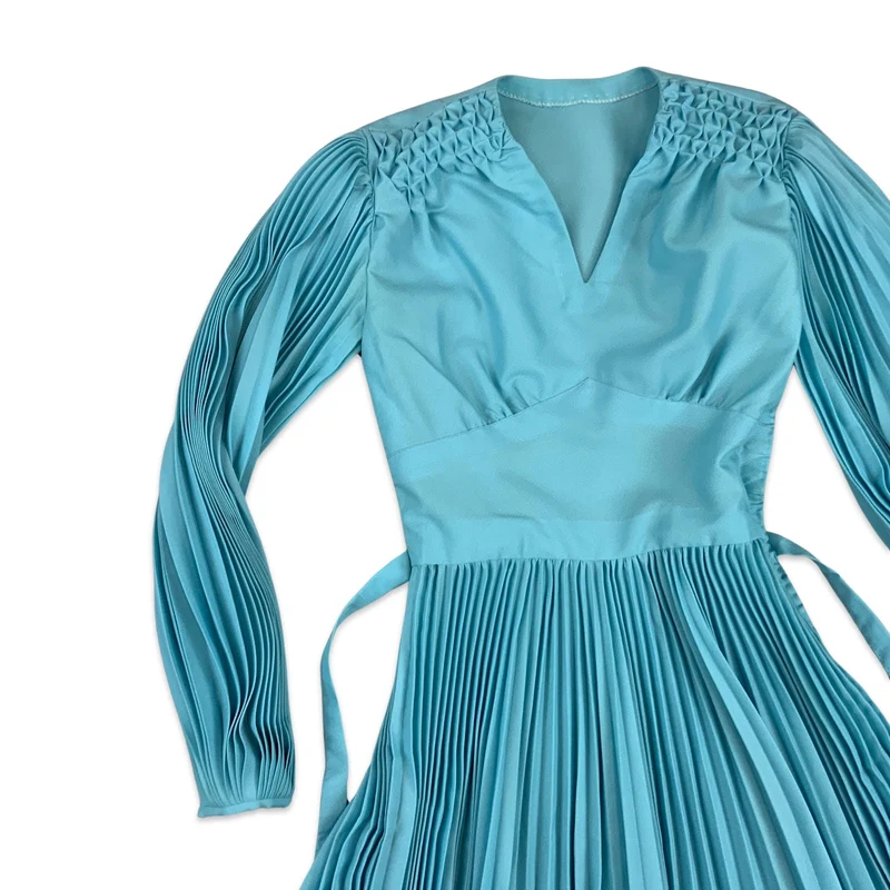 70s Vintage Pleated Dress Blue 6 8