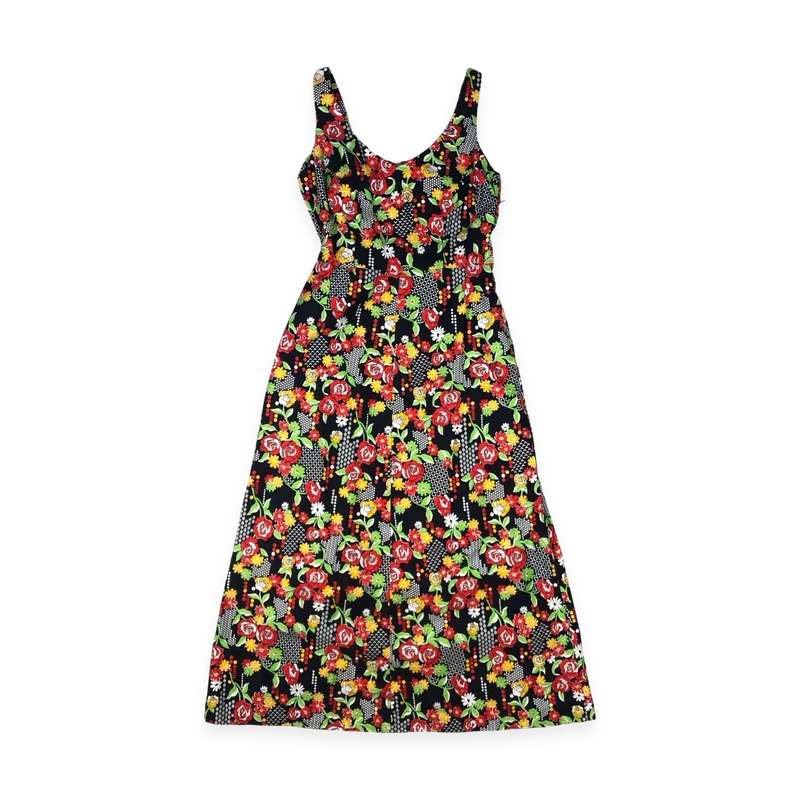 Vintage 90s Black Floral Print Sleeveless Maxi Dress 10