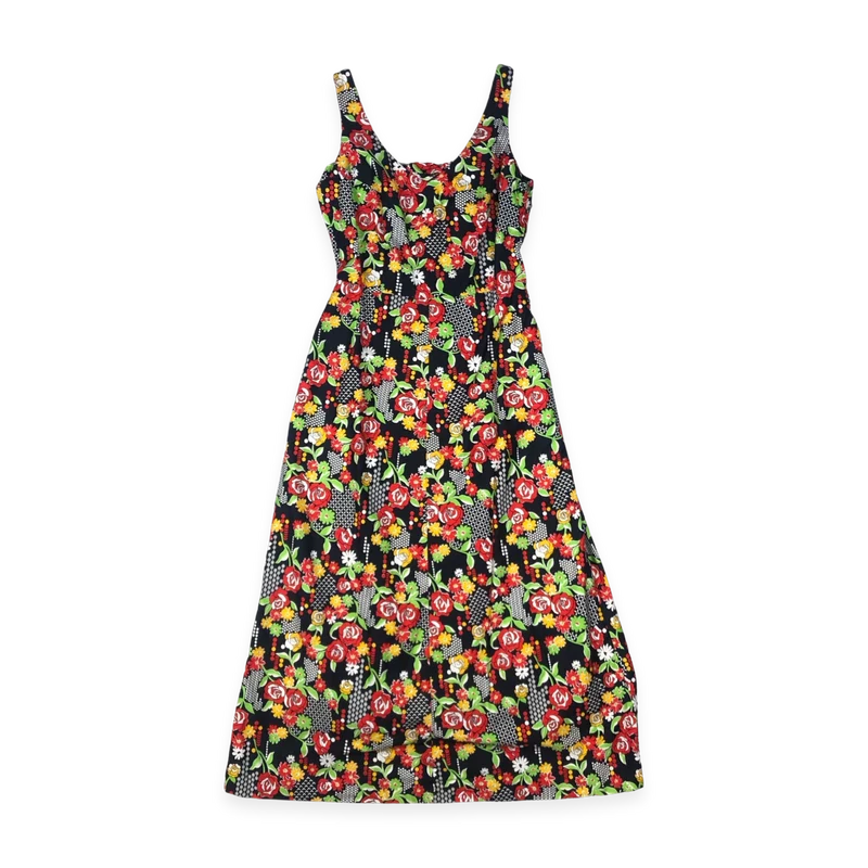 Vintage 90s Black Floral Print Sleeveless Maxi Dress 10