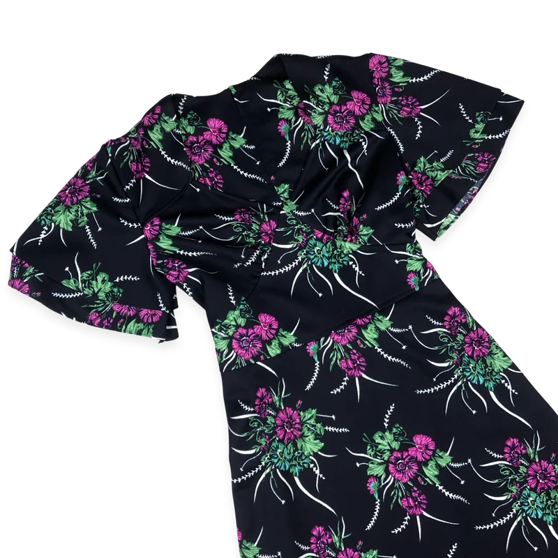 Vintage 60s 70s Black Floral Print A-line Dress 12