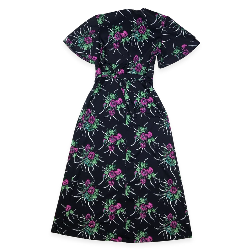 Vintage 60s 70s Black Floral Print A-line Dress 12