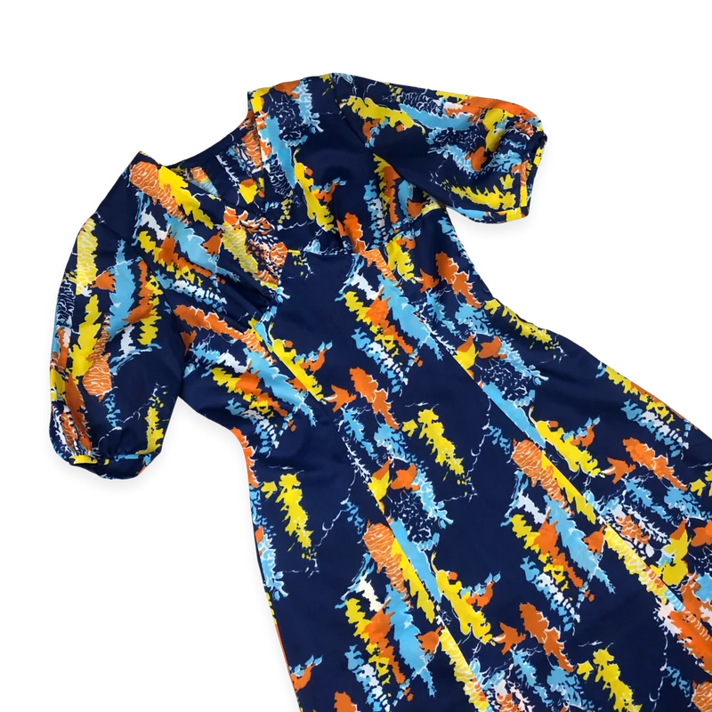 Vintage 70s Blue Abstract Print A-line Maxi Dress 12