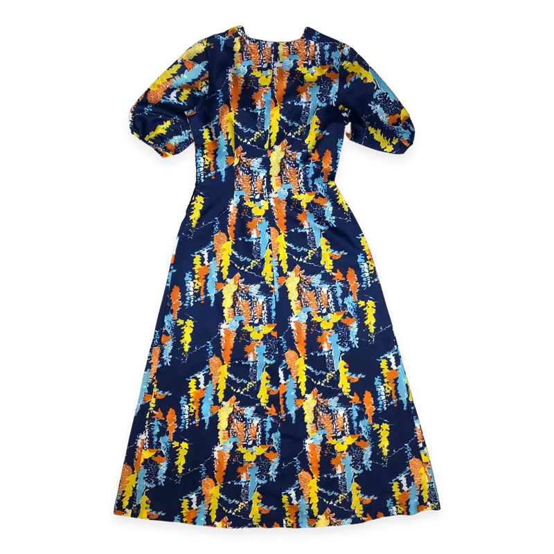 Vintage 70s Blue Abstract Print A-line Maxi Dress 12