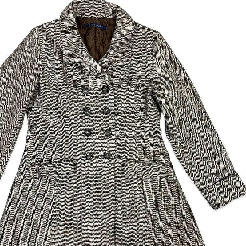 Vintage Wool Long Duster Coat Herringbone Brown Cream 8