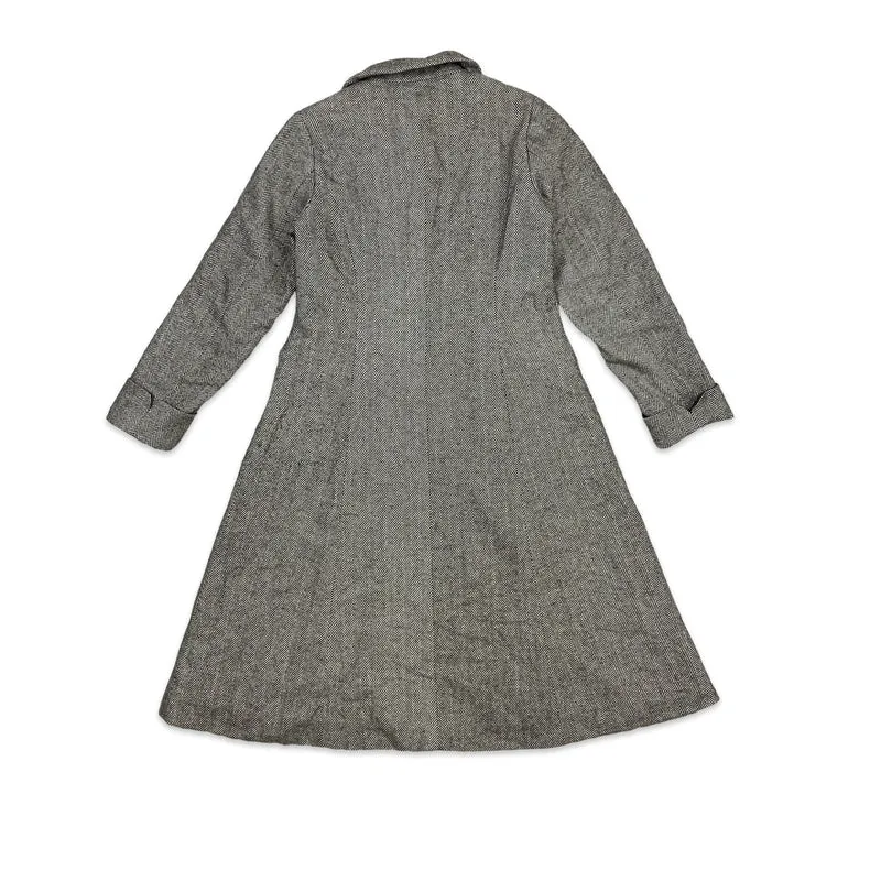 Vintage Wool Long Duster Coat Herringbone Brown Cream 8